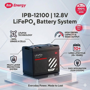 itel Energy 12.8V 100Ah 1.28kwh LiFePO4 Lithium Battery with Built in Charger, Bluetooth BMS, 4000+ Cycles.