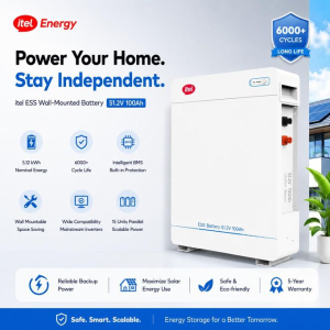 itel Energy 5.12kwh LiFePO4 48V Lithium Battery Wall Mounted 100Ah 51.2V IP21, BMS, 6000+ Cycles.